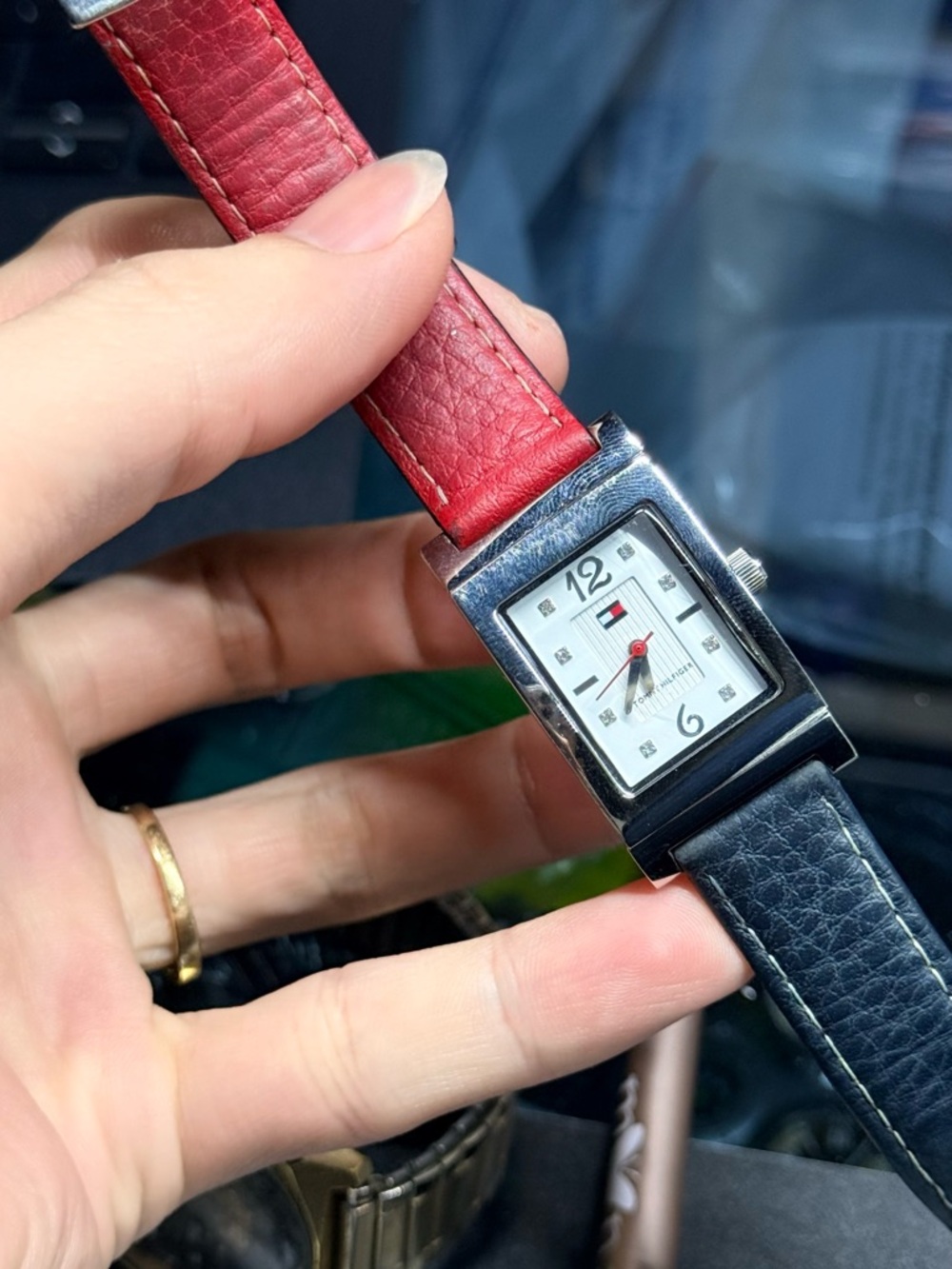 Tommy Hilfiger Two-Tone Leather Strap Rectangular Watch - Red & Navy